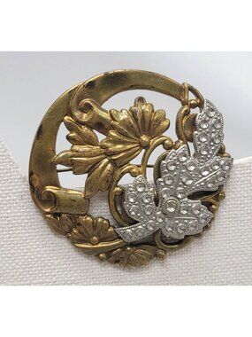 Antique Brass & Silver-Tone Floral Leaf Brooch Art Nuveau Statement Circle Wreat